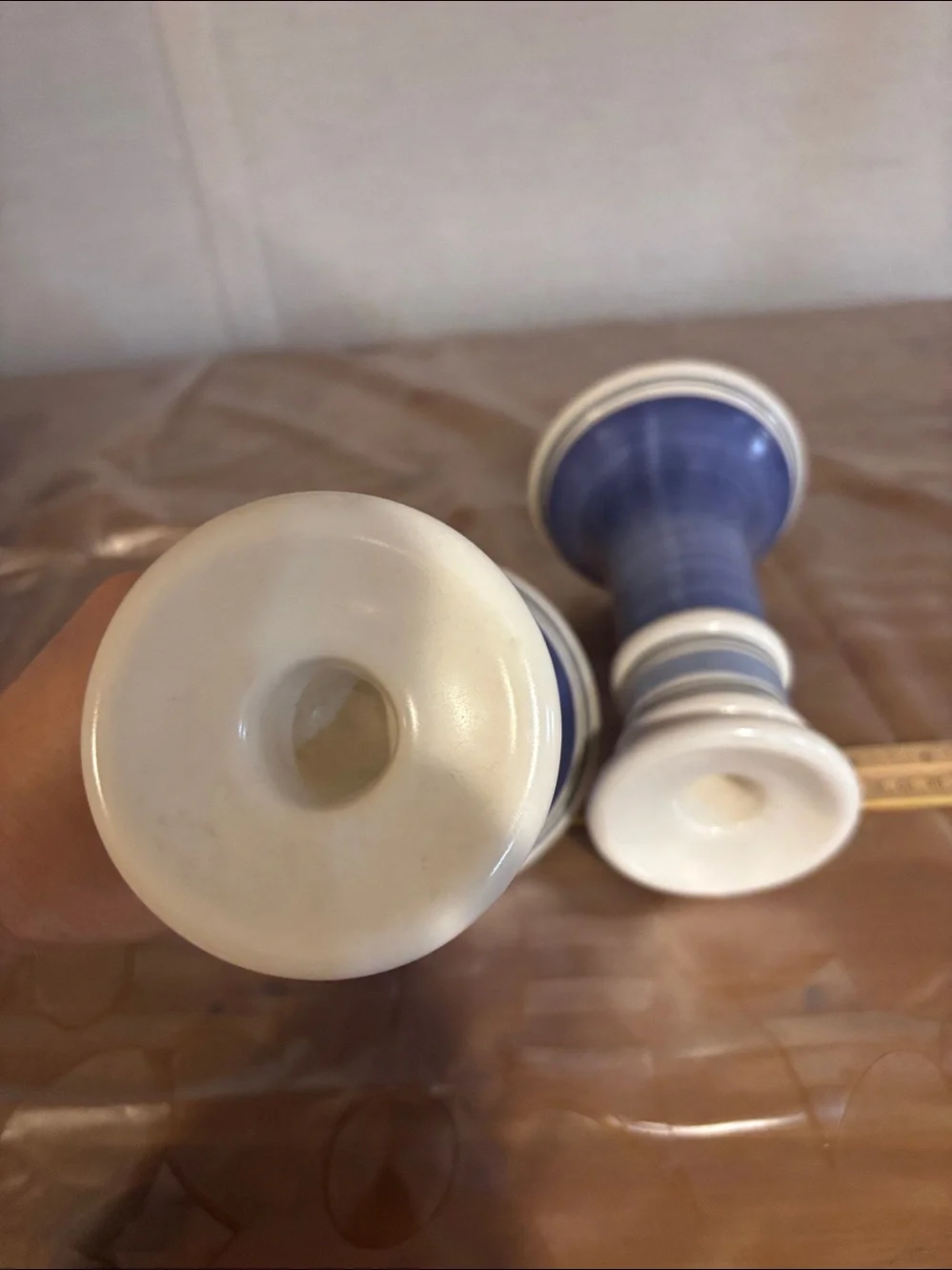 set of two vintage Pfaltzgraff Rio candle holders with a blue and white strips